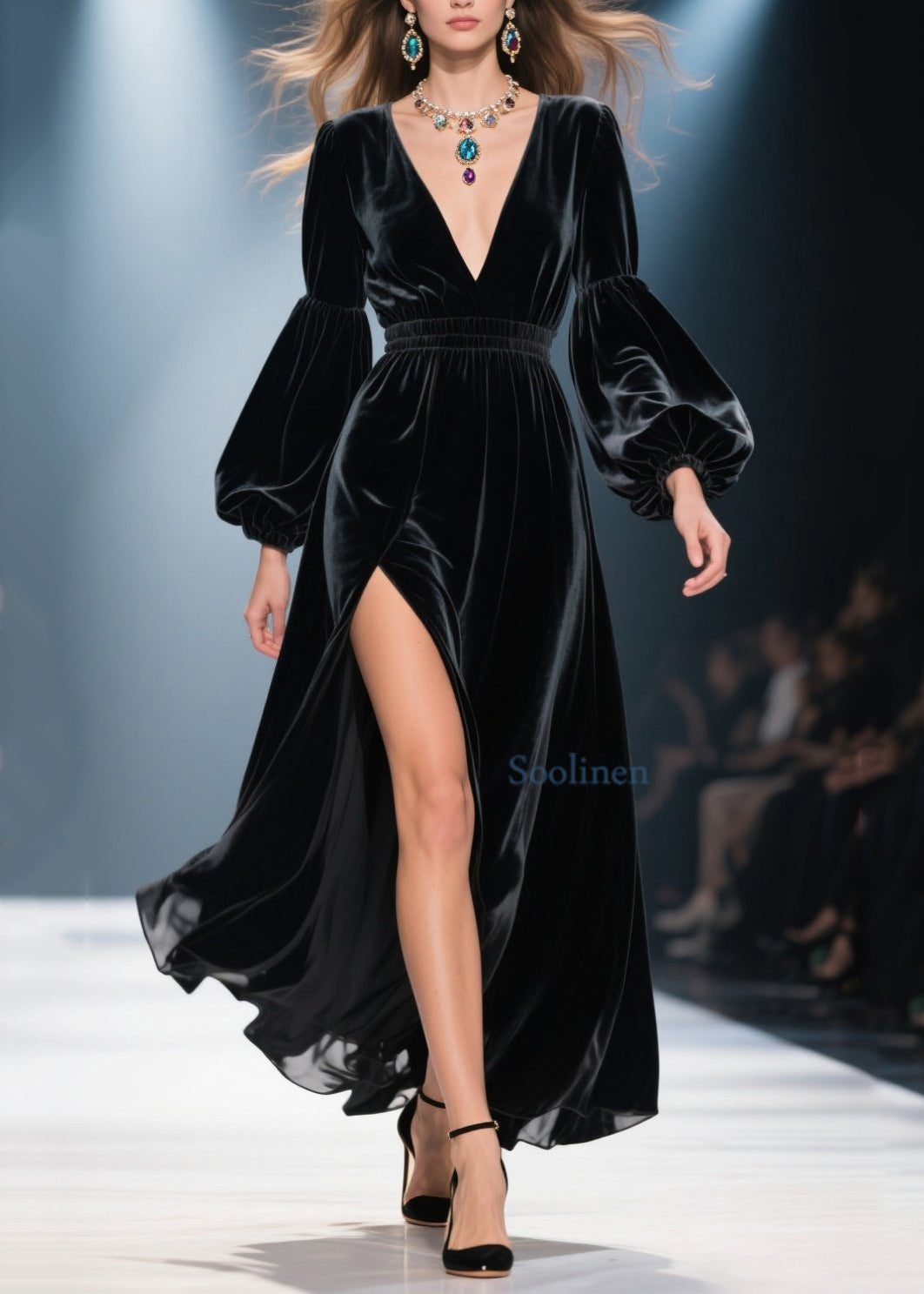 Hermoso vestido largo de terciopelo negro con escote en V y abertura lateral para primavera