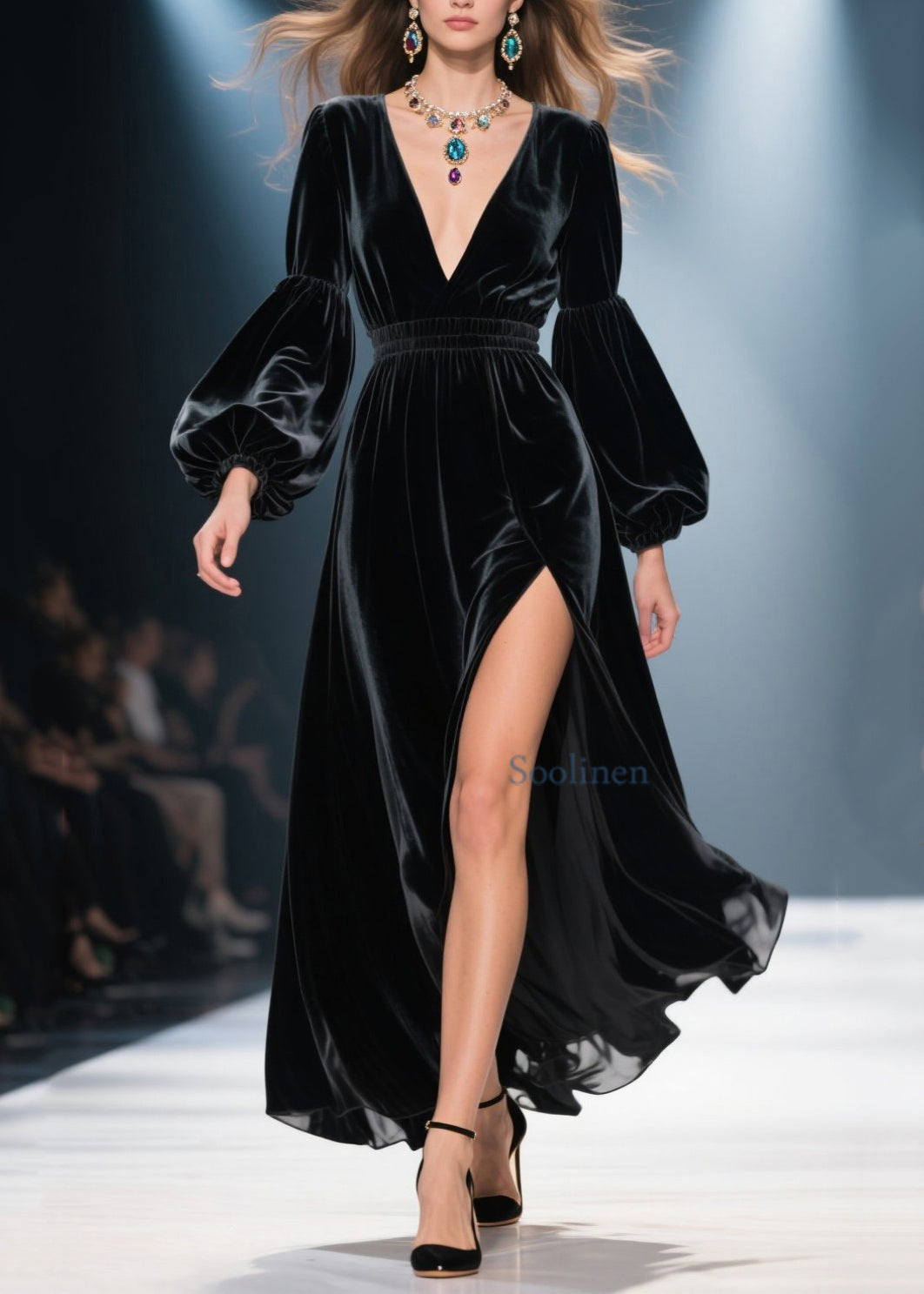 Hermoso vestido largo de terciopelo negro con escote en V y abertura lateral para primavera