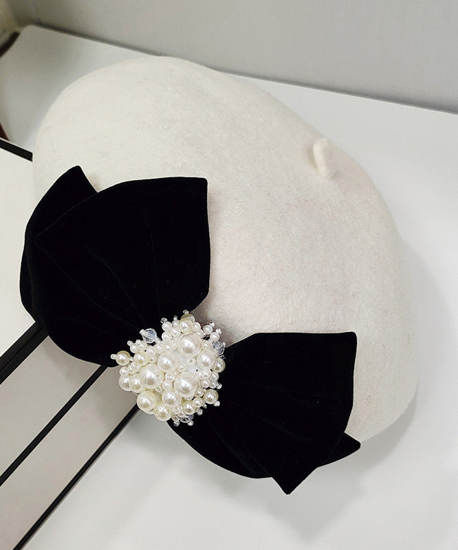 Beautiful Black Velvet Bow Nail Bead Woolen Breton Hat