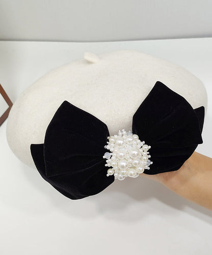 Beautiful Black Velvet Bow Nail Bead Woolen Breton Hat