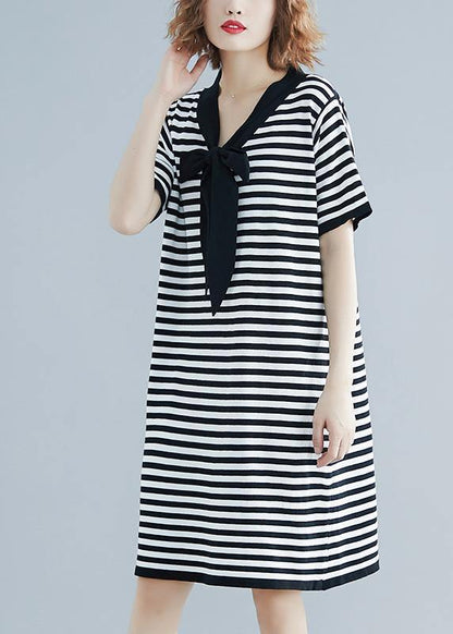 Beautiful Black White Narrow Striped Short Sleeve Summer Cotton Dress - SooLinen