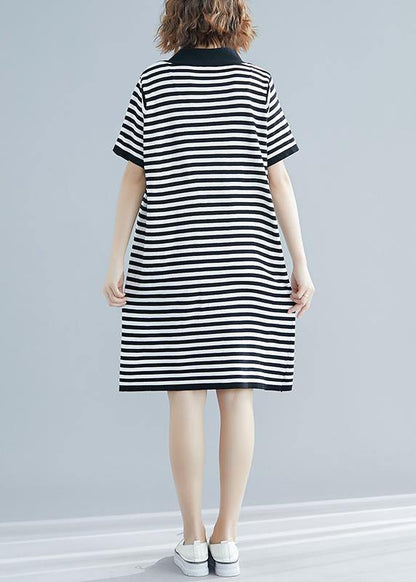Beautiful Black White Narrow Striped Short Sleeve Summer Cotton Dress - SooLinen