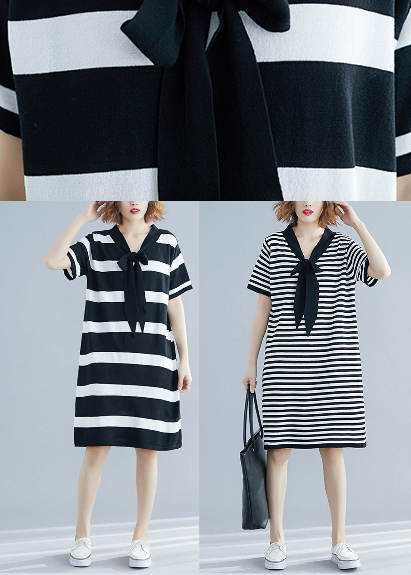 Beautiful Black White Narrow Striped Short Sleeve Summer Cotton Dress - SooLinen
