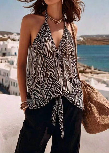 Beautiful Black Zebra pattern Lace Up V Neck Beach Vest Sleeveless