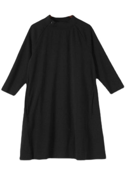 Beautiful Black zippered Cotton Long sleeve Pockets Fall Dress - SooLinen