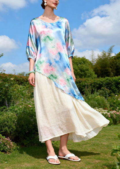 Beautiful Blue Asymmetrical Patchwork Silk Fake Two Piece Dress Summer