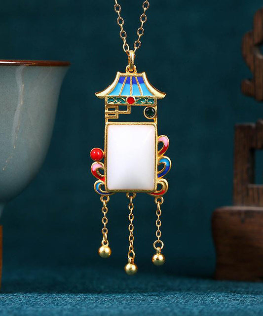 Wunderschöne Halskette mit Quastenanhänger aus blauem Kupfer mit Überzug aus Jade-Achat