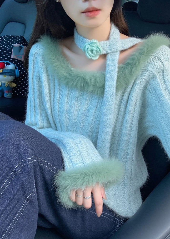 Wunderschöner blauer Pullover mit Pelzkragen, floralem Muster und kuscheligem Baumwollstrick für den Frühling