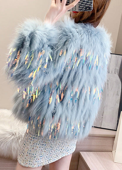 Schöne Blau Grau O-Neck Quaste Leder Und Pelz Mäntel Winter