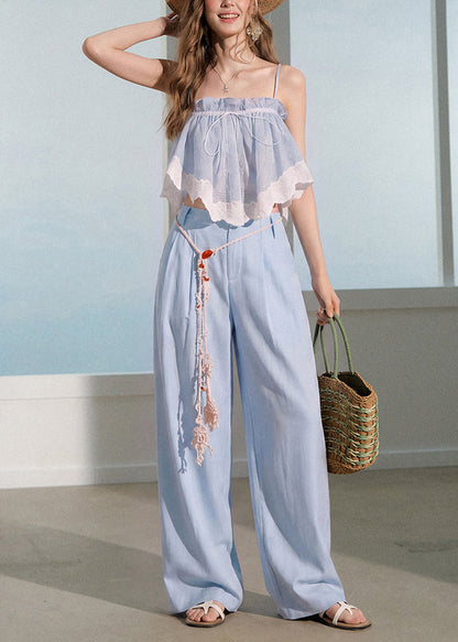 Beautiful Blue Lace Ruffled Patchwork Cotton Two Piece Suit Set Summer
