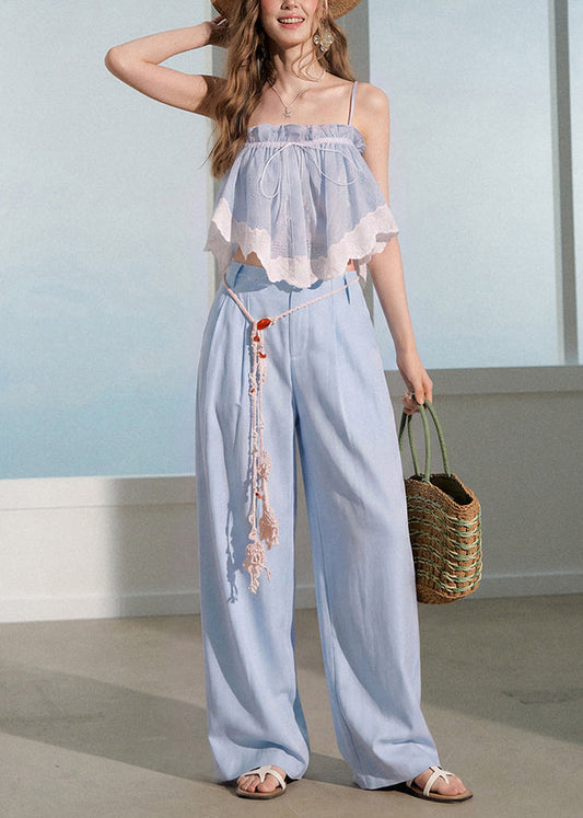 Beautiful Blue Lace Ruffled Patchwork Cotton Two Piece Suit Set Summer