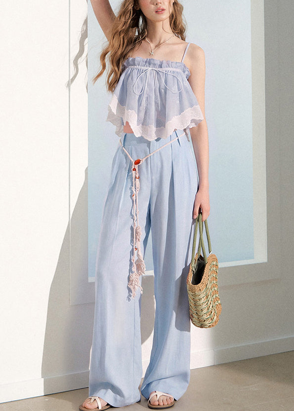 Beautiful Blue Lace Ruffled Patchwork Cotton Two Piece Suit Set Summer