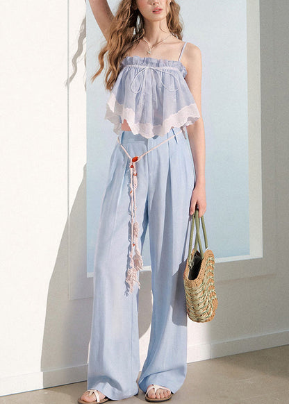 Beautiful Blue Lace Ruffled Patchwork Cotton Two Piece Suit Set Summer
