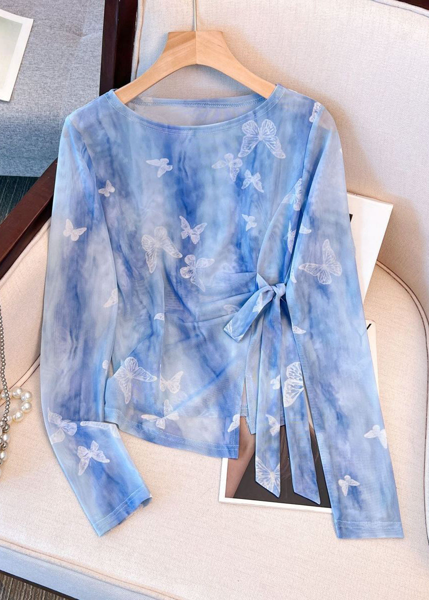 Beautiful Blue O Neck Butterfly Print Tulle T Shirt Spring