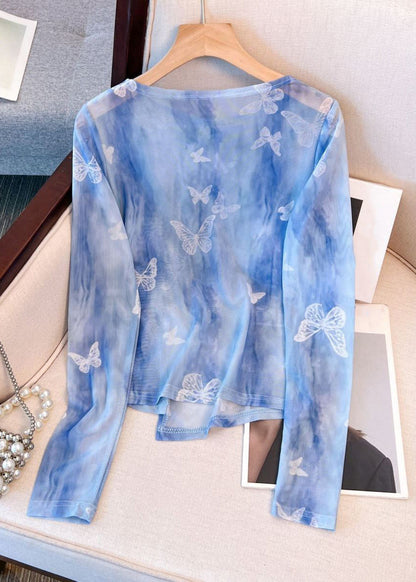 Beautiful Blue O Neck Butterfly Print Tulle T Shirt Spring