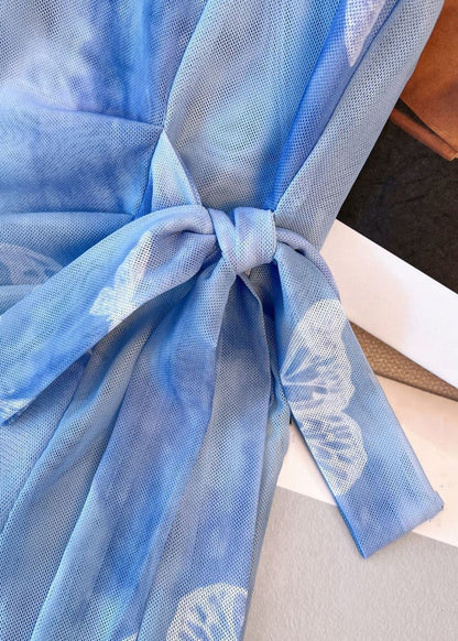 Beautiful Blue O Neck Butterfly Print Tulle T Shirt Spring