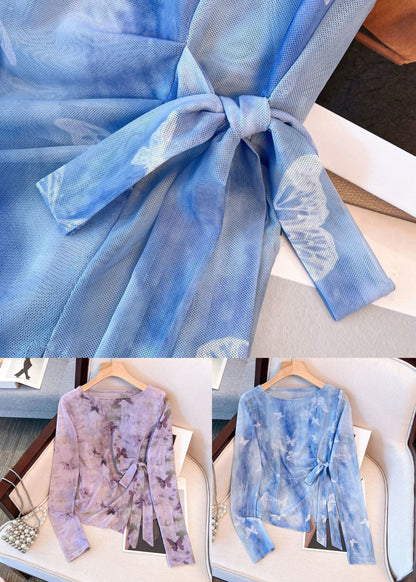 Beautiful Blue O Neck Butterfly Print Tulle T Shirt Spring