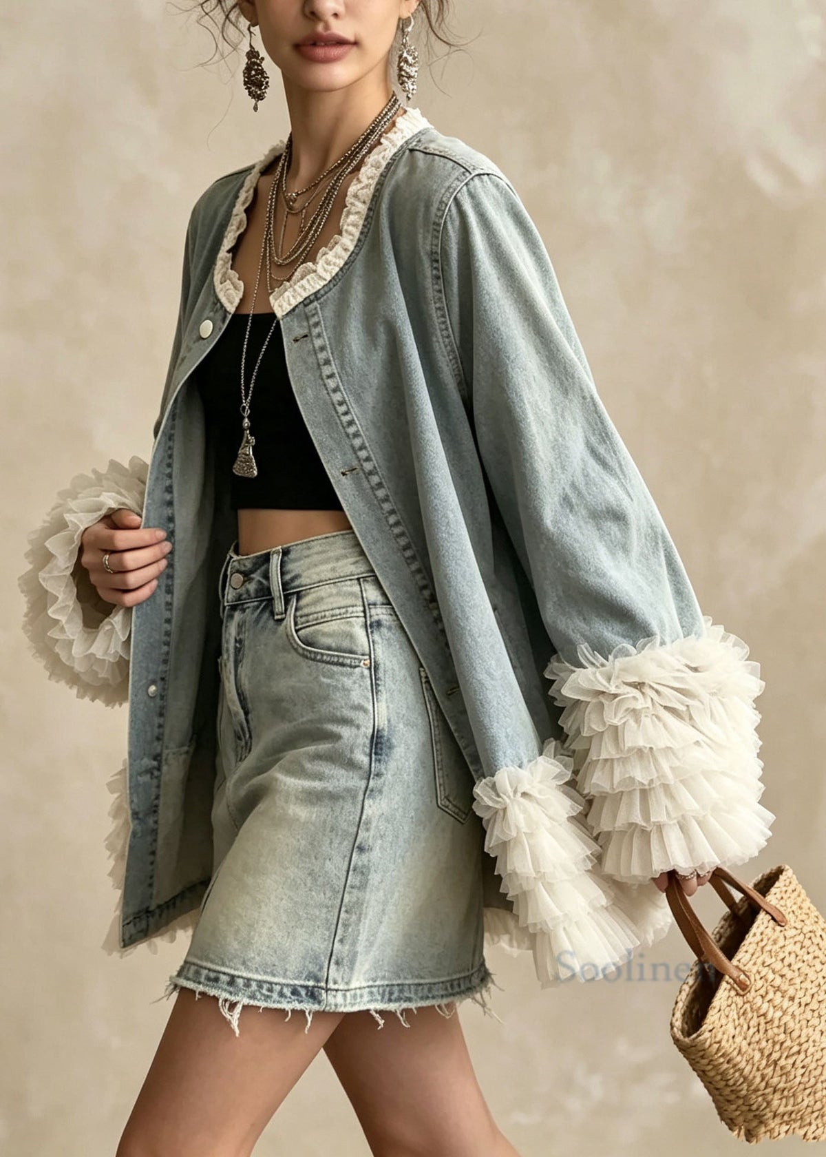 Beautiful Blue O Neck Ruffled Patchwork Denim Coat Fall