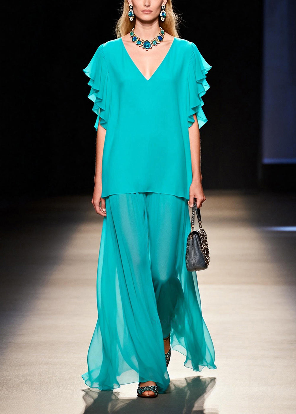 Beautiful Blue Oversized Patchwork Chiffon Long Dress Summer
