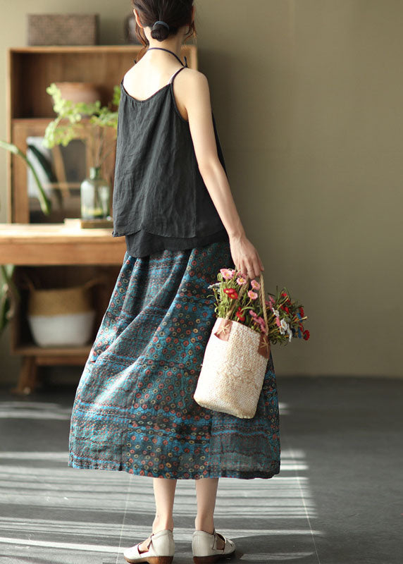 Wunderschöne blaue A-Linien-Ramieröcke mit Patchwork-Print