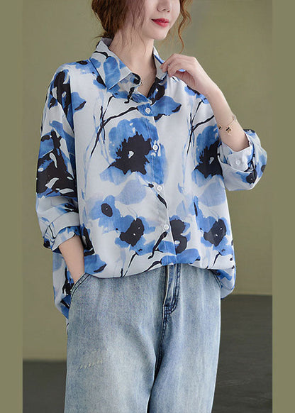 Schöne Blaue PeterPan Kragen Button Print Herbst Tops Langarm