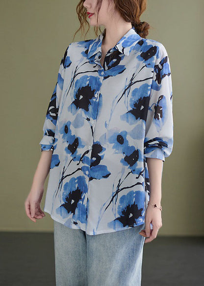 Schöne Blaue PeterPan Kragen Button Print Herbst Tops Langarm