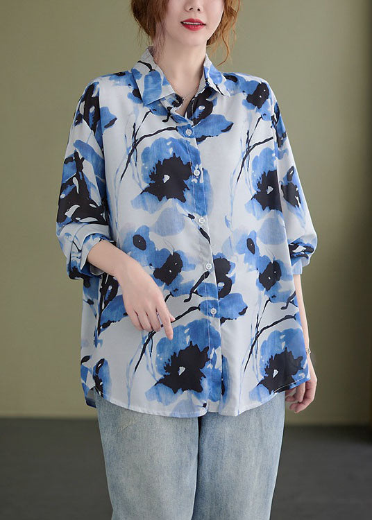 Schöne Blaue PeterPan Kragen Button Print Herbst Tops Langarm