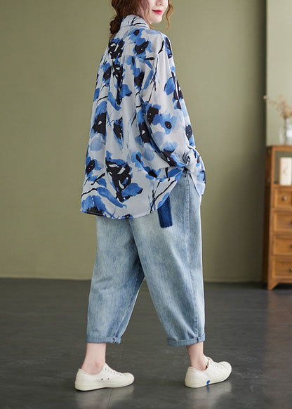 Schöne Blaue PeterPan Kragen Button Print Herbst Tops Langarm