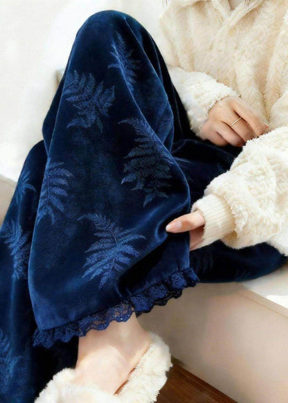 Beautiful Blue Pockets Lace Patchwork Silk Velvet Fleece Straight Pants Spring