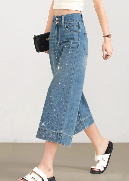 Beautiful Blue Pockets Zircon Denim Crop Pants Summer