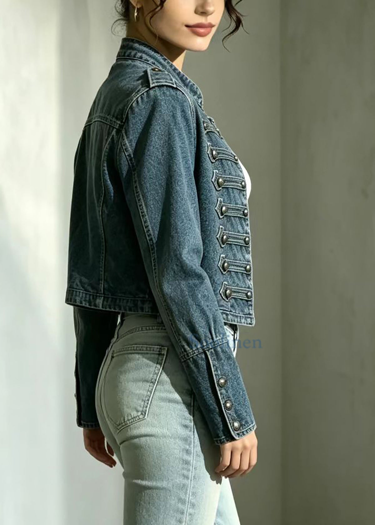 Beautiful Blue Stand Collar Multi-Row Buttons Cropped Denim Jacket Fall