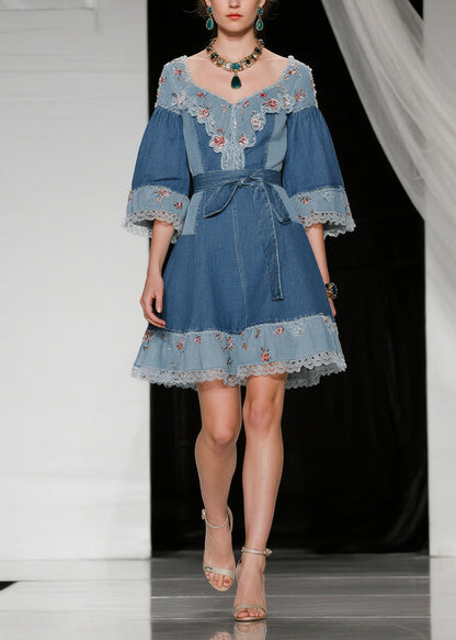 Beautiful Blue Tie Waist Patchwork Lace Denim Day Dress Summer