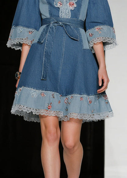 Beautiful Blue Tie Waist Patchwork Lace Denim Day Dress Summer