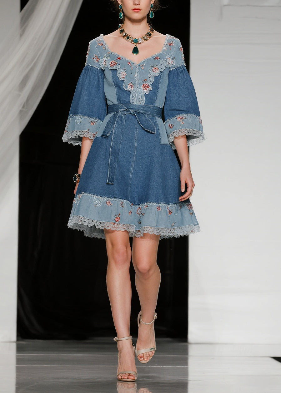 Beautiful Blue Tie Waist Patchwork Lace Denim Day Dress Summer