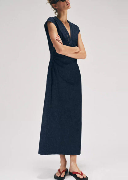 Beautiful Blue V Neck Back Side Open Cotton Dress Sleeveless