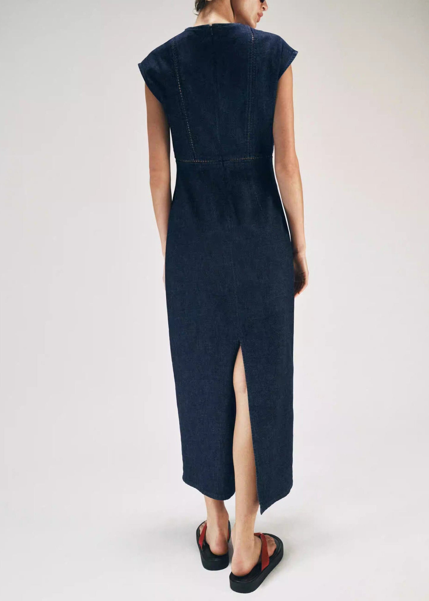 Beautiful Blue V Neck Back Side Open Cotton Dress Sleeveless