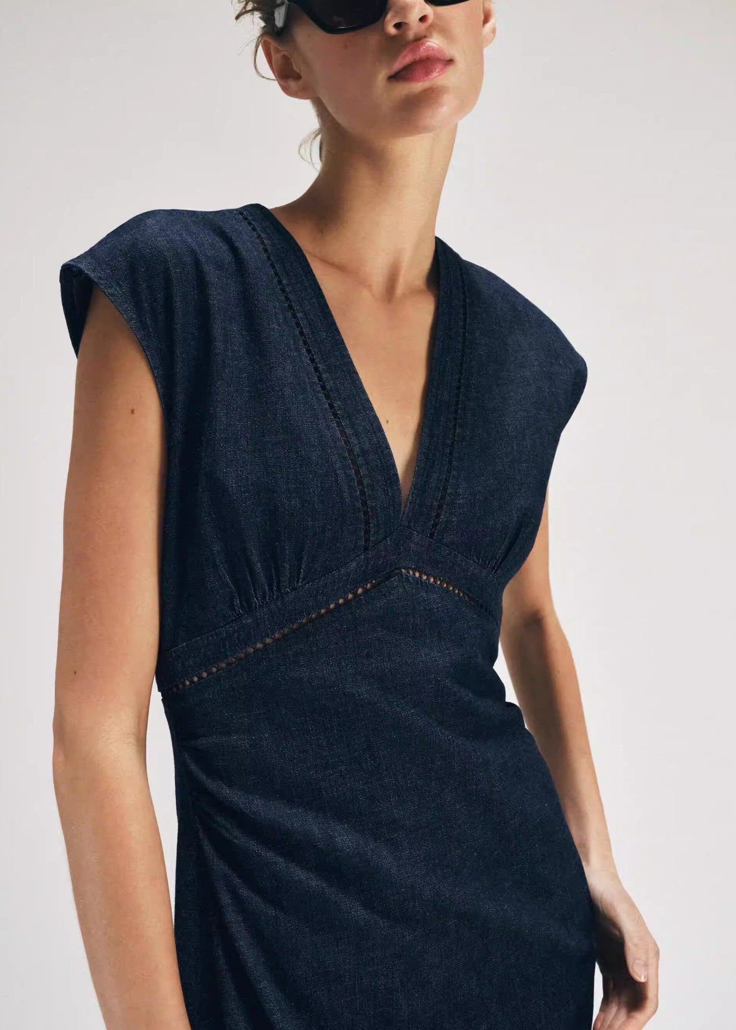 Beautiful Blue V Neck Back Side Open Cotton Dress Sleeveless