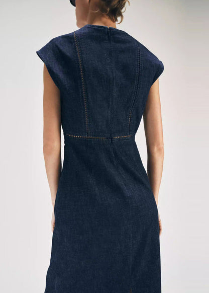 Beautiful Blue V Neck Back Side Open Cotton Dress Sleeveless