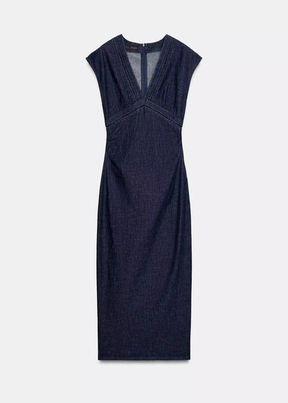 Beautiful Blue V Neck Back Side Open Cotton Dress Sleeveless