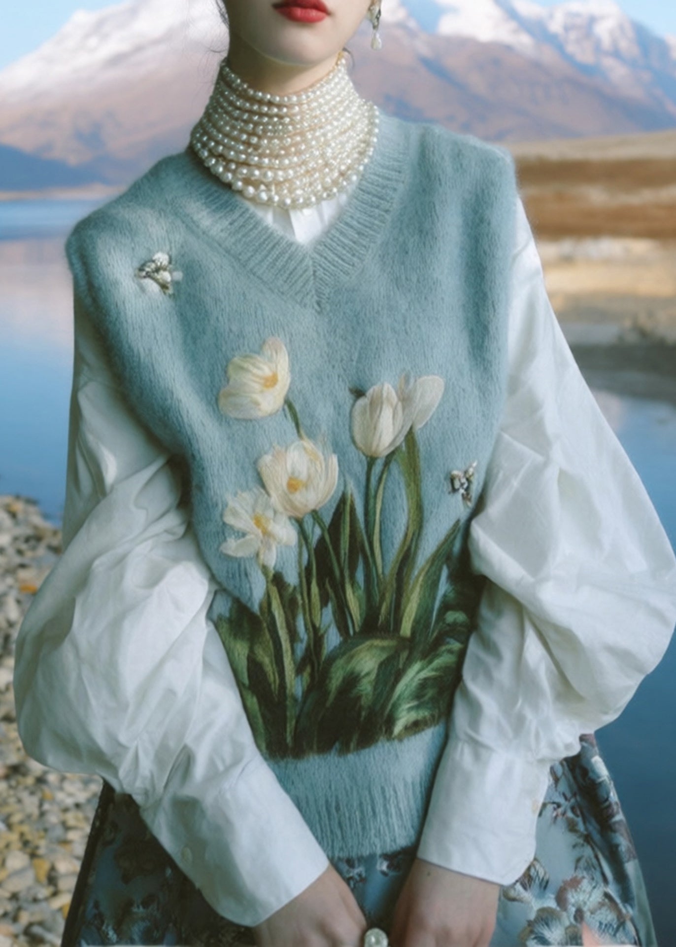 Hermoso chaleco de punto bordado con cuello en V azul sin mangas