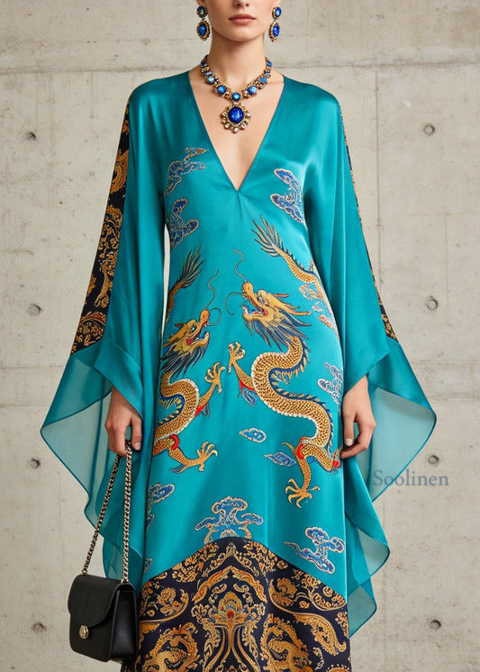 Beautiful Blue V Neck Oriental Print Chiffon Long Dress Flare Sleeve
