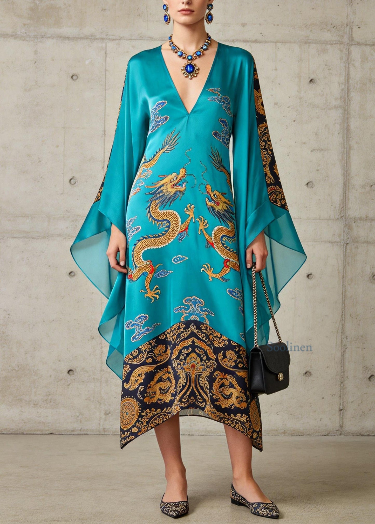 Beautiful Blue V Neck Oriental Print Chiffon Long Dress Flare Sleeve
