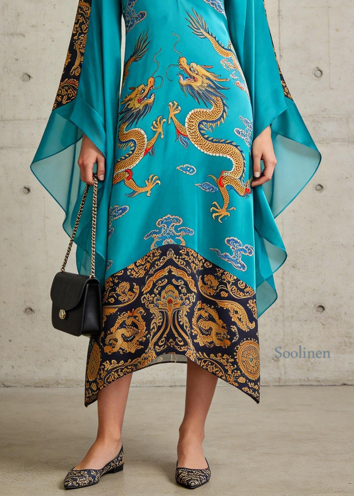 Beautiful Blue V Neck Oriental Print Chiffon Long Dress Flare Sleeve