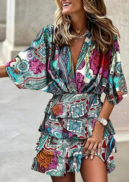 Beautiful Blue V Neck Print Layered Cotton Vacation Dress Summer
