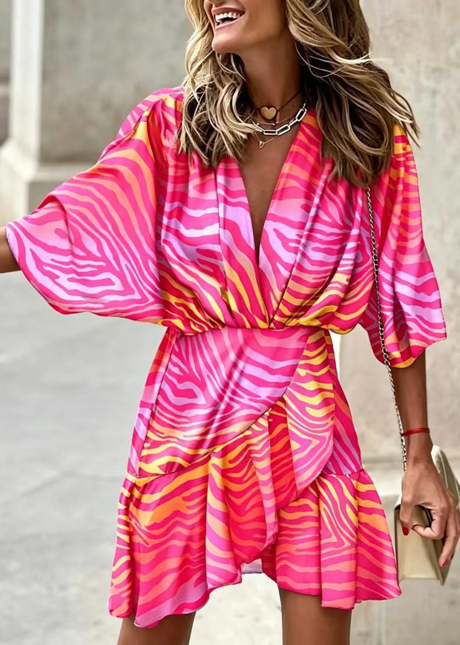 Beautiful Blue V Neck Print Layered Cotton Vacation Dress Summer