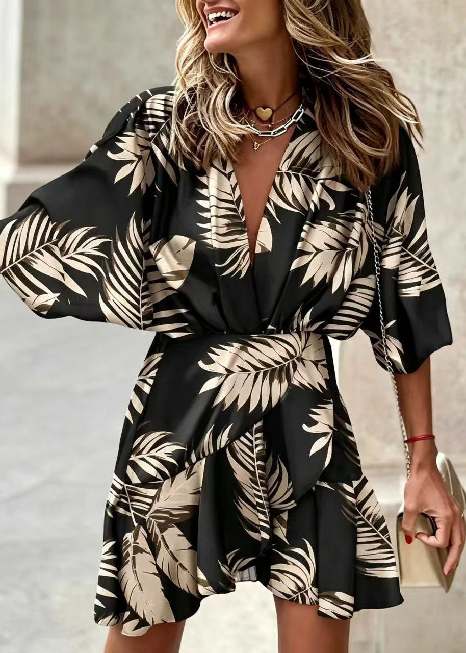 Beautiful Blue V Neck Print Layered Cotton Vacation Dress Summer