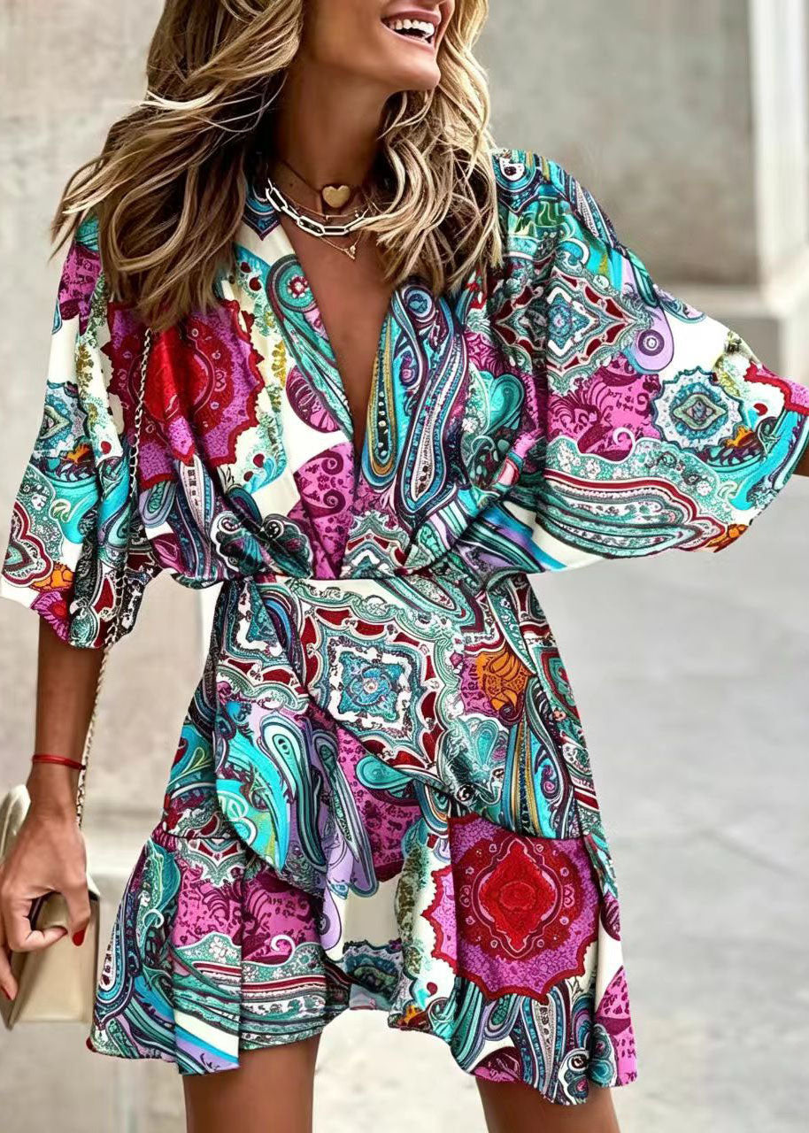 Beautiful Blue V Neck Print Layered Cotton Vacation Dress Summer