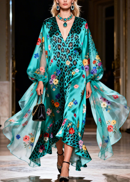 Beautiful Blue V Neck Print Silk Vacation Dresses Summer