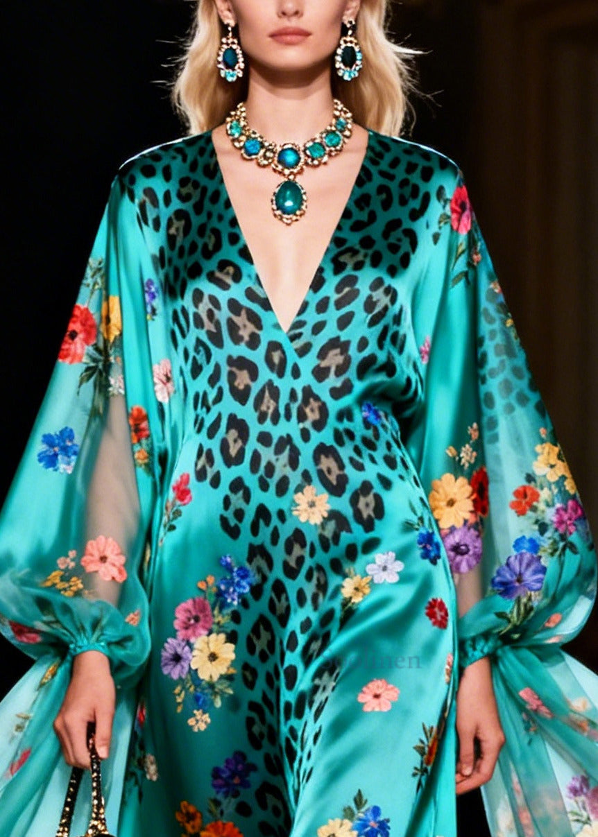 Beautiful Blue V Neck Print Silk Vacation Dresses Summer