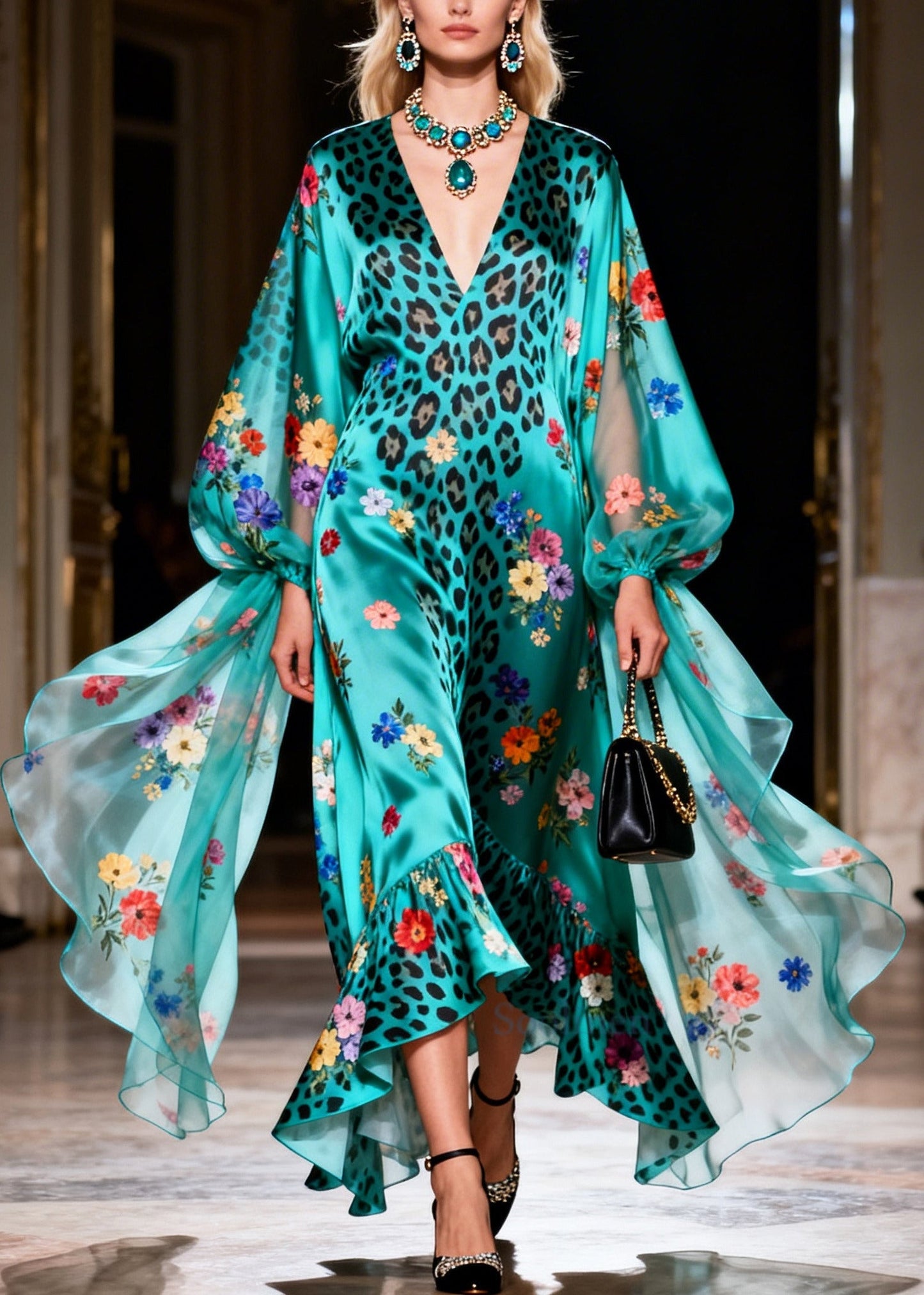 Beautiful Blue V Neck Print Silk Vacation Dresses Summer